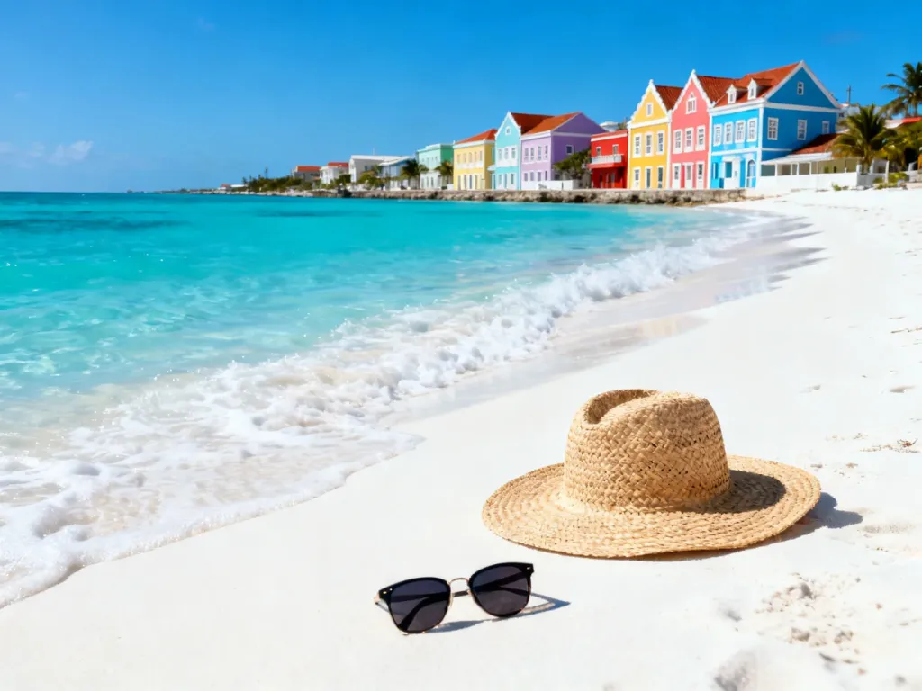 Turkusowe morze i piaszczysta plaża na tle kolorowych, kolonialnych budynków w Curacao.